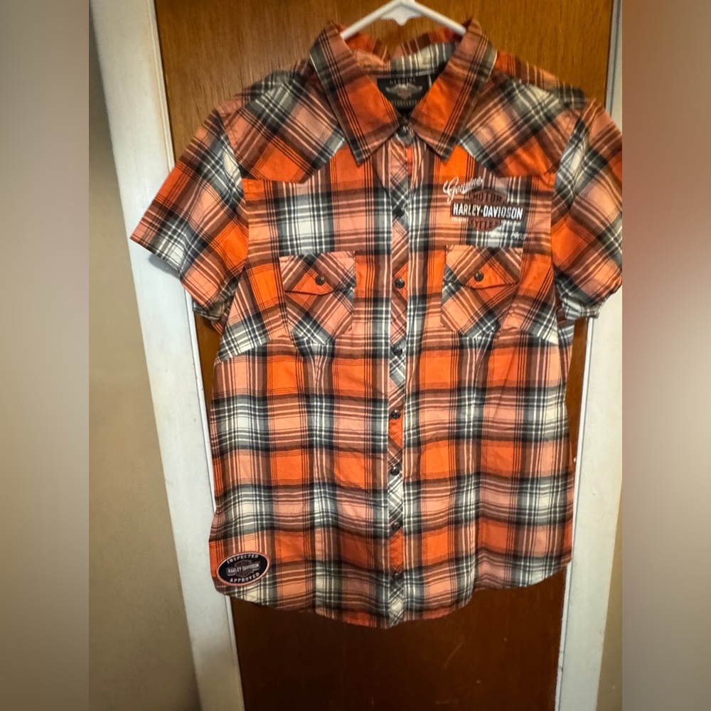HARLEY-DAVIDSON Women’s Size L Shirt Snap Front Plaid Short Sleeve HD Logo - Picture 5 of 9
